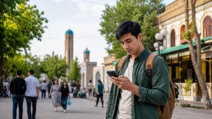 Traveller checking a smartphone on an Andijan street