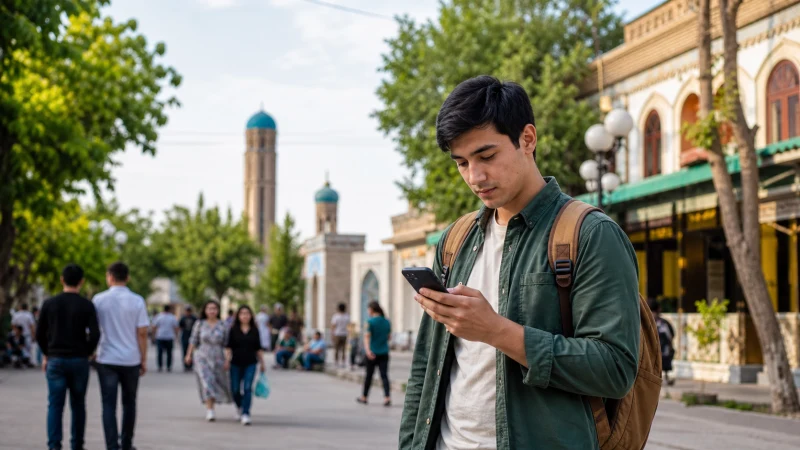 Traveller checking a smartphone on an Andijan street