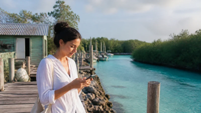 Traveller using a smartphone beside a quiet channel on Andros