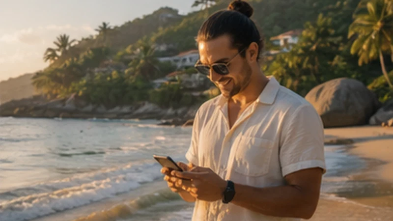 Traveller using a smartphone in Anse Royale, Seychelles