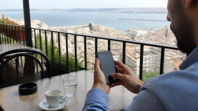 Traveller checking eSIM settings on a smartphone in Algeria