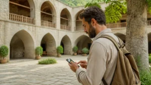 Traveller checking phone settings in a Sheki courtyard
