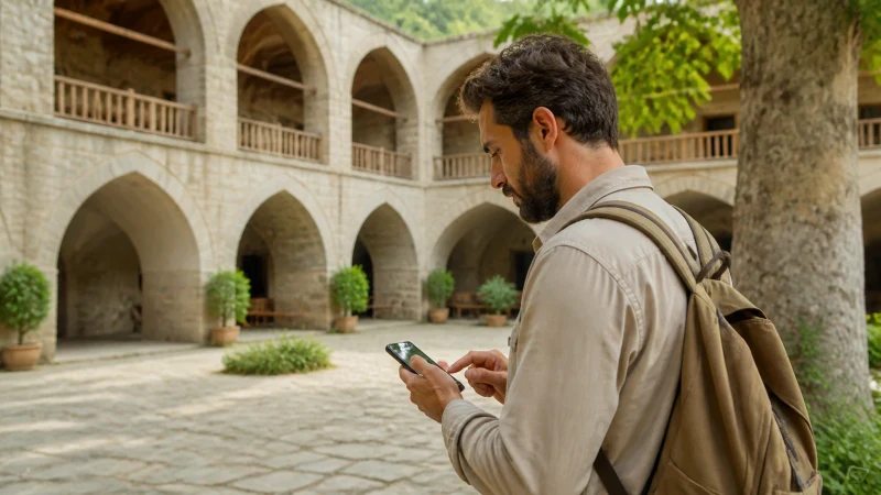 Traveller checking phone settings in a Sheki courtyard
