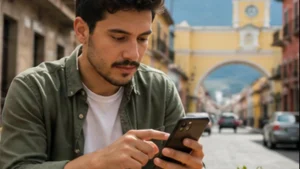 Traveller using a smartphone in Guatemala for apn settings guatemala esim