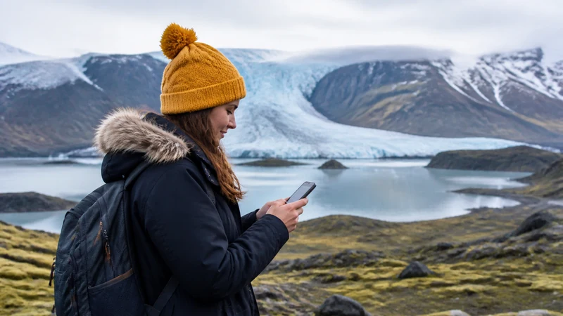 Traveller using a smartphone in Iceland