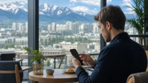 Traveller adjusting eSIM settings in an Almaty café.