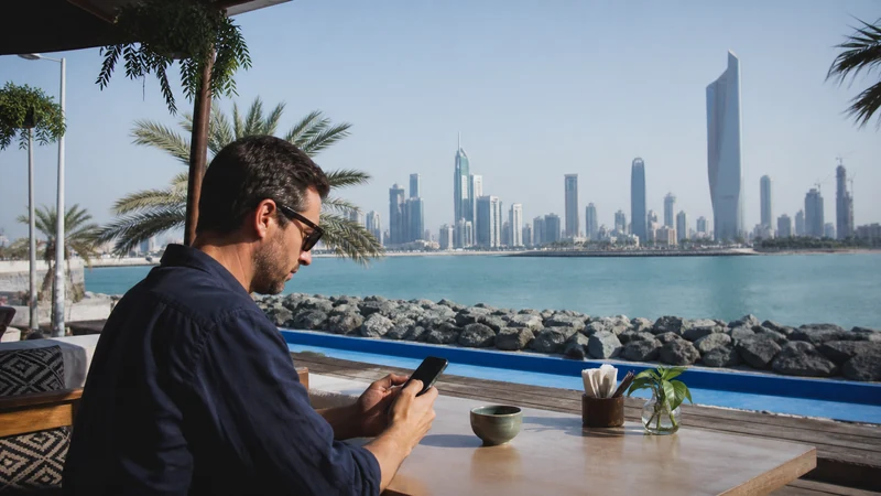 Traveller using a smartphone in a Kuwait setting related to the right apn settings for your kuwait esim