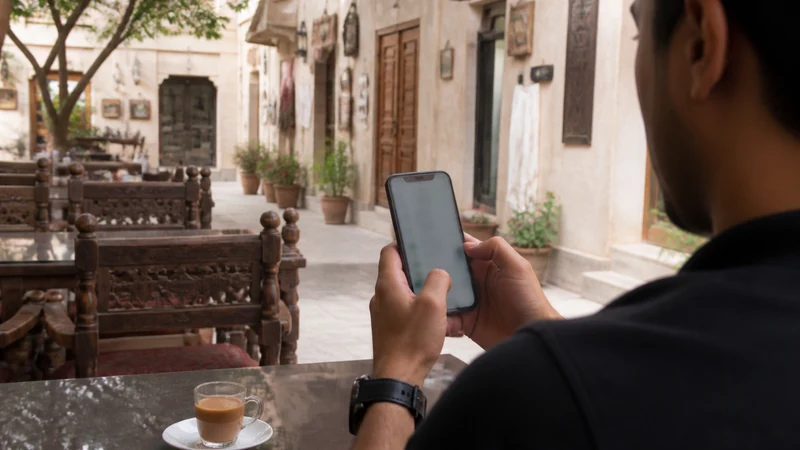 Over-shoulder phone setup in an omani café