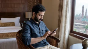 Traveller adjusting smartphone settings in a Lahore hotel