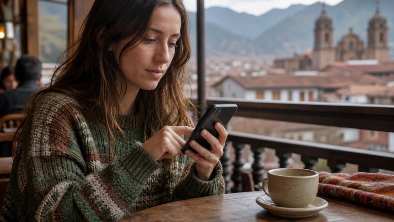 Traveller using a smartphone in Peru for apn settings peru esim