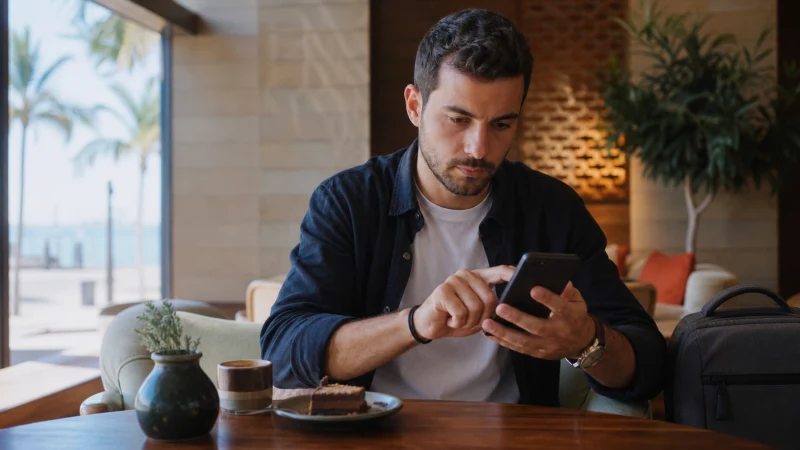 Traveller adjusting eSIM settings in a contemporary Jeddah café.