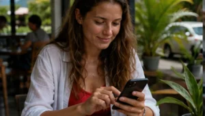 Traveller checking Seychelles eSIM APN settings on a smartphone
