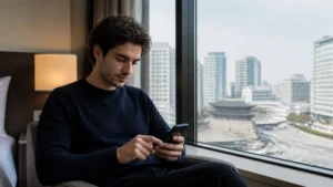 Traveller adjusting smartphone settings in a Seoul hotel