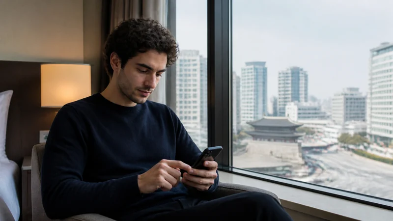 Traveller adjusting smartphone settings in a Seoul hotel