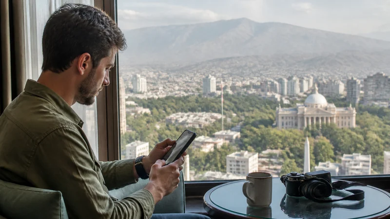 Traveller adjusting smartphone settings overlooking Dushanbe