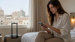 Traveller adjusting phone settings in a bright Tunis hotel room