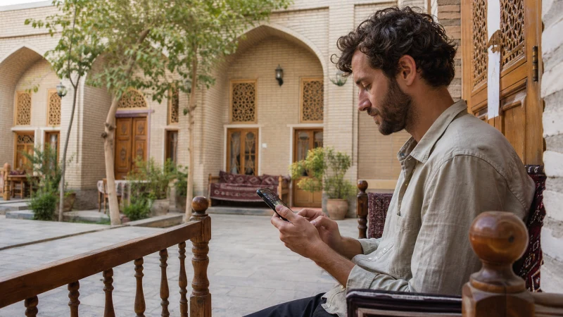 Traveller checking smartphone settings in a Bukhara courtyard.