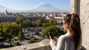 Traveller using a smartphone in Peru for arequipa mobile internet