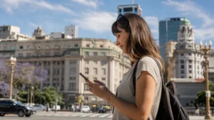 Traveller using a smartphone in Argentina for mobile internet for backpacking around argentina