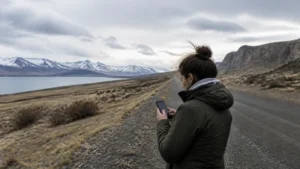 Traveller using a smartphone in Argentina for mobile data near the argentina–chile border