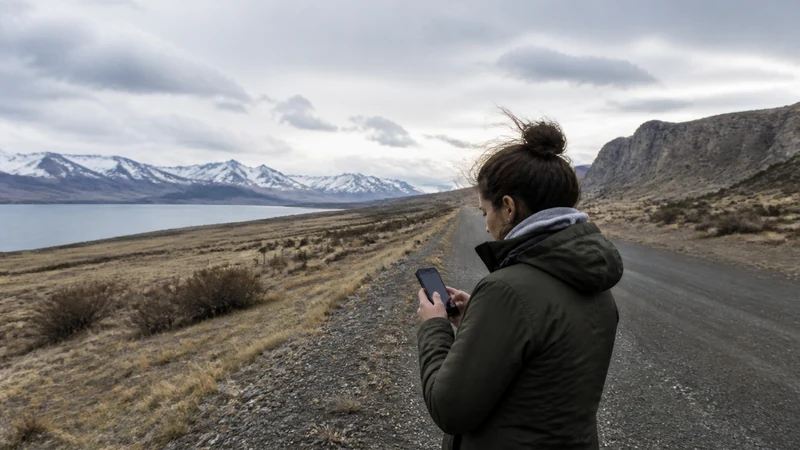 Traveller using a smartphone in Argentina for mobile data near the argentina–chile border