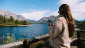 Traveller using a smartphone in Argentina for mobile data for a trip through patagonia