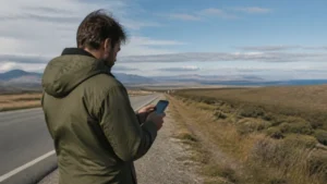 Traveller using a smartphone in Argentina for mobile coverage beyond argentina’s main cities