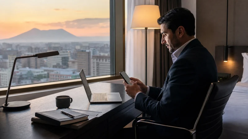Traveller using a smartphone while using internet for business travel in Armenia