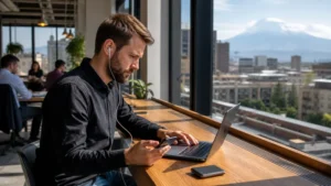 Traveller using a smartphone while working remotely as a digital nomad in Armenia