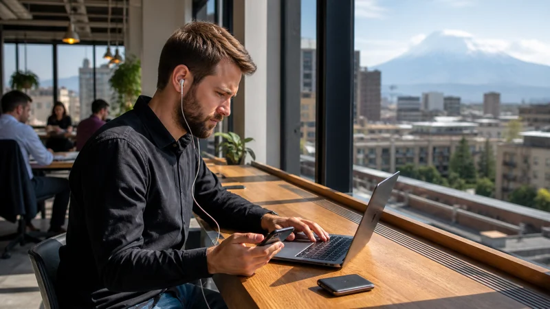 Traveller using a smartphone while working remotely as a digital nomad in Armenia