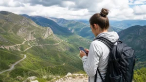 Traveller using a smartphone on a scenic Armenian mountain route