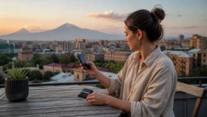 Traveller configuring configuring dual SIM for an Armenia eSIM on a smartphone in Armenia