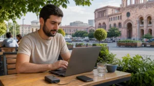 Traveller configuring using hotspot with an Armenia eSIM on a smartphone in Armenia