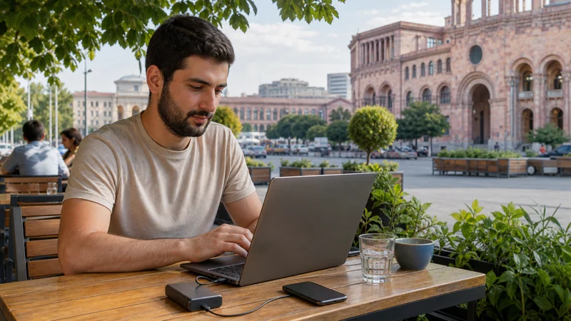 Traveller configuring using hotspot with an Armenia eSIM on a smartphone in Armenia