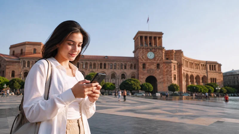 Traveller configuring using an Armenia eSIM on iPhone on a smartphone in Armenia