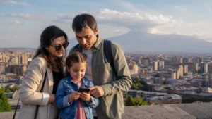 Traveller using a smartphone while using internet for family travel in Armenia