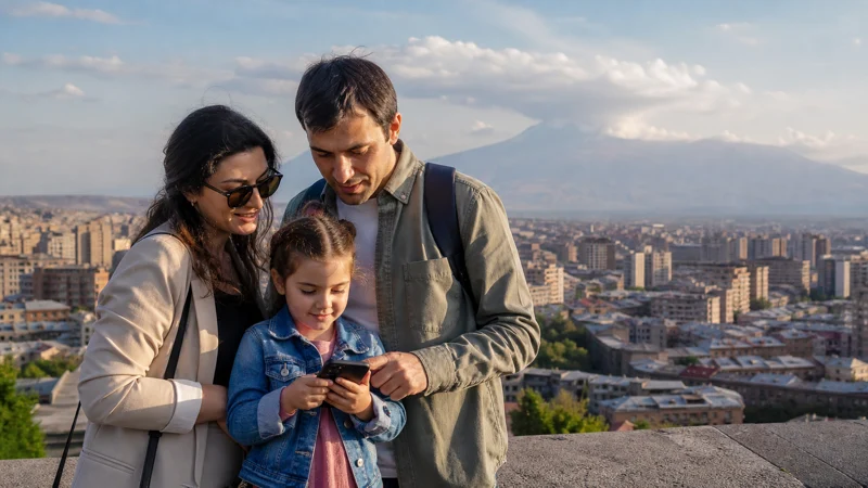 Traveller using a smartphone while using internet for family travel in Armenia
