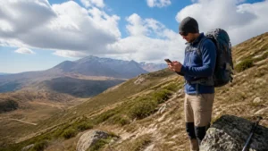Traveller using a smartphone while using mobile internet while hiking in Armenia