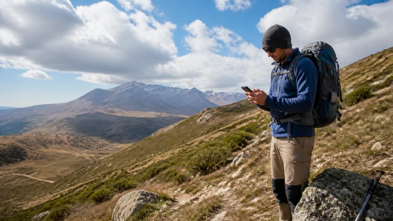 Traveller using a smartphone while using mobile internet while hiking in Armenia
