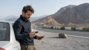 Traveller using a smartphone while using mobile internet at the Armenia–Iran border