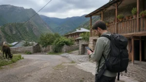 Traveller using a smartphone while using mobile internet in remote Armenian villages