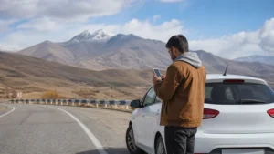 Traveller using a smartphone while using mobile internet on an Armenia road trip