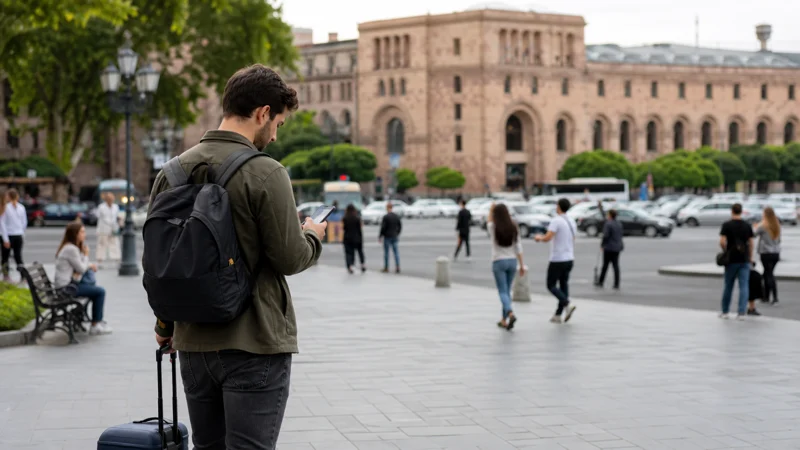Traveller using a smartphone while using mobile data for a short Armenia trip