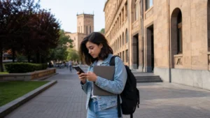 Traveller using a smartphone while using internet for student travel in Armenia