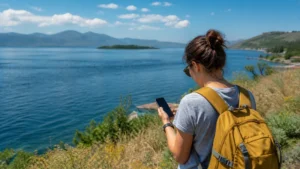 Traveller using a smartphone while using mobile internet during summer travel in Armenia