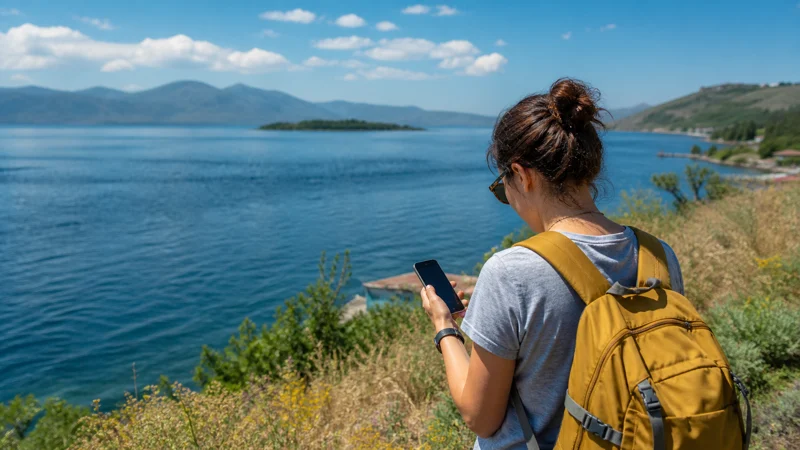 Traveller using a smartphone while using mobile internet during summer travel in Armenia
