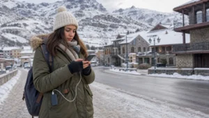 Traveller using a smartphone while using mobile internet during winter travel in Armenia