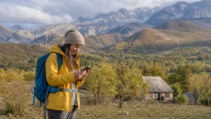 Traveller using a smartphone in Kyrgyzstan for arslanbob mobile internet