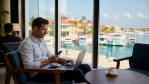 Business traveller working online from an Aruba hotel