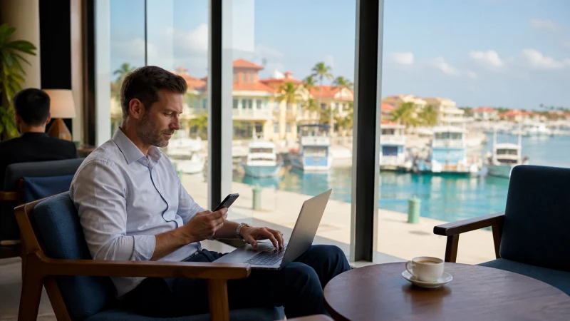 Business traveller working online from an Aruba hotel